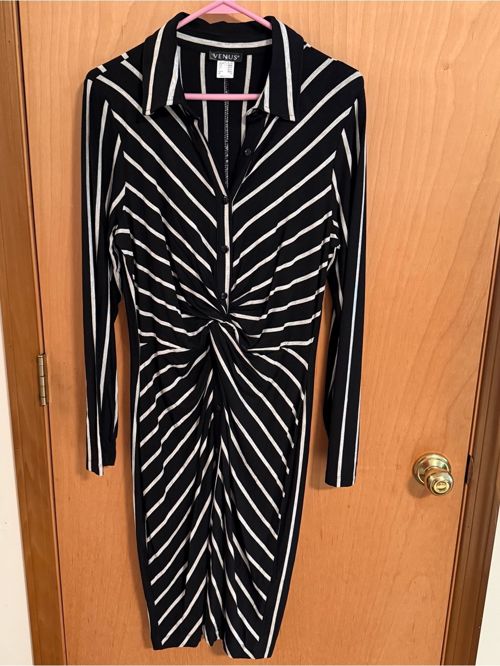 VENUS Black and White Striped Button-Front Twist Long Sleeve Dress